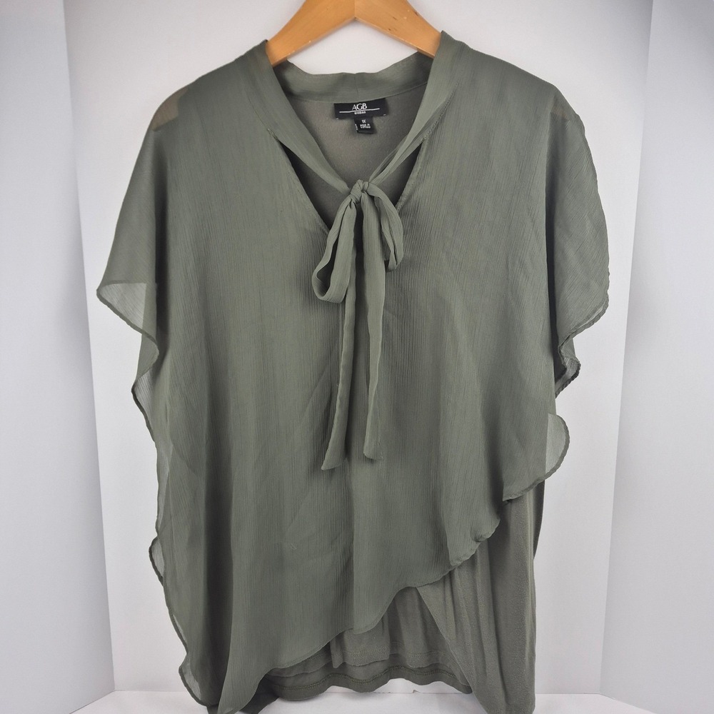 AGB Woman Olive Green Chiffon Tie Neck Sheer Top Blouse Plus‎ Size 1X Romantic